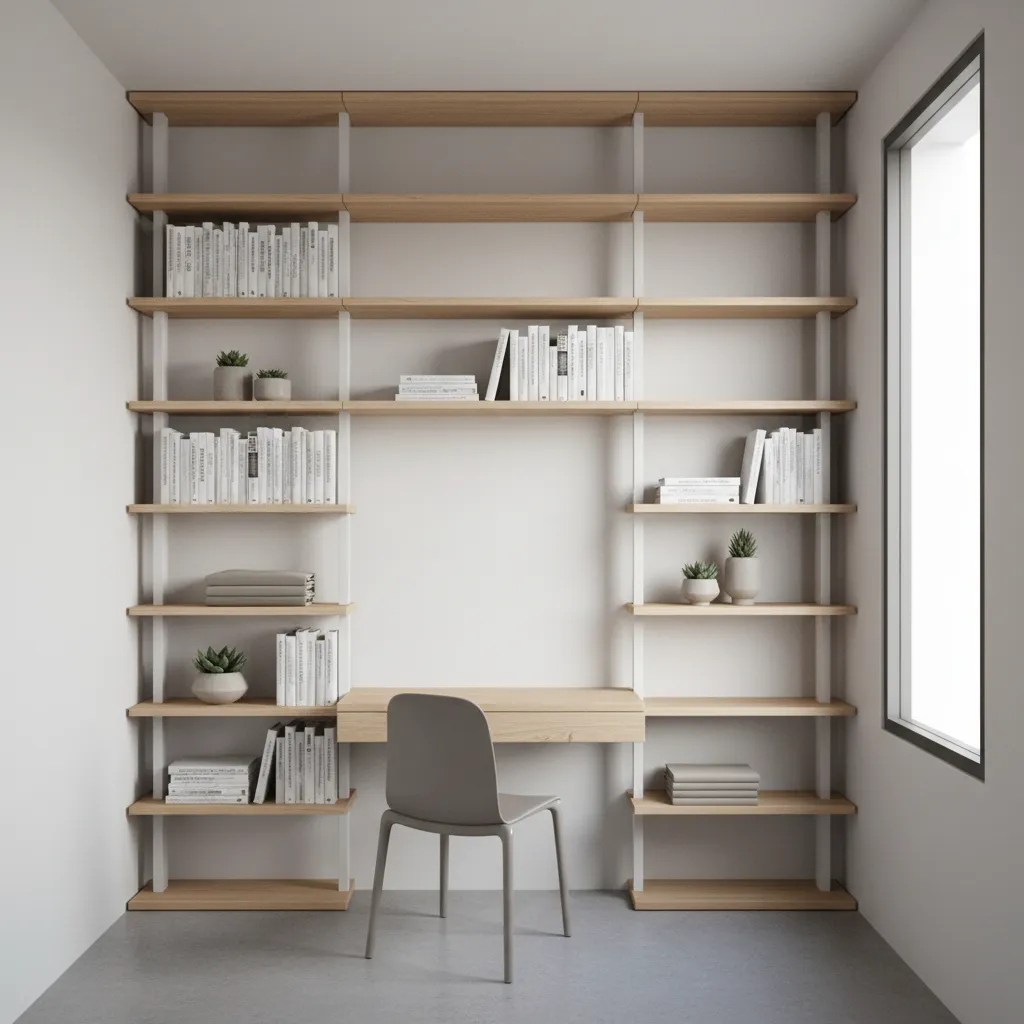 Vertical wall storage system in a very small room maximizing space