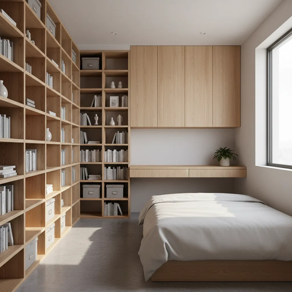 small room using vertical storage shelves and wall mounted cabinets
