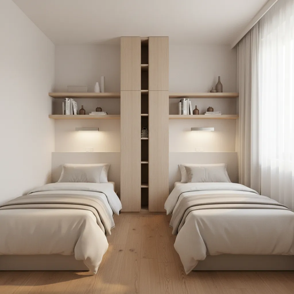 Small shared bedroom using vertical storage shelves above beds