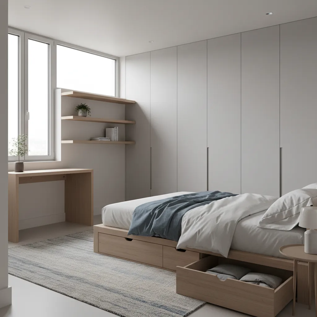 15x15 bedroom using floor to ceiling wardrobe and wall shelves for storage