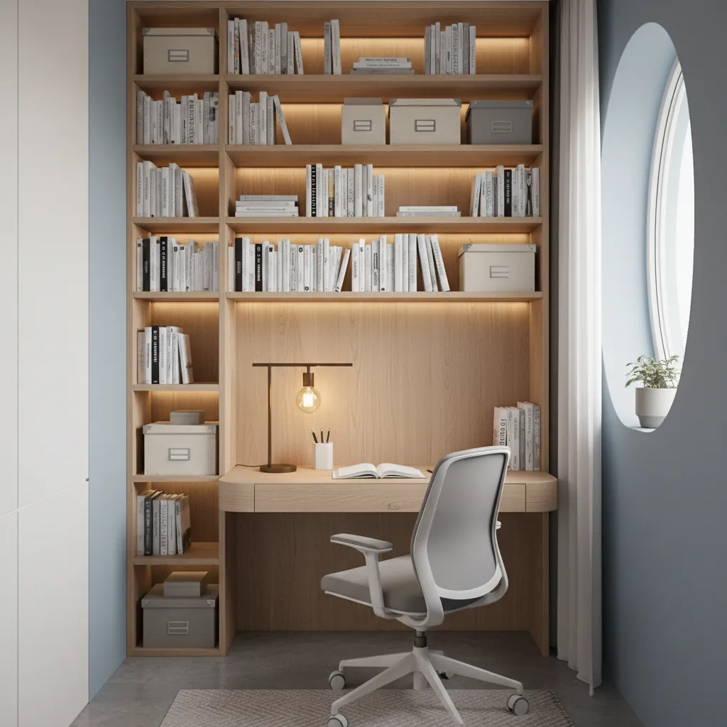 Small study room with tall shelving and vertical storage