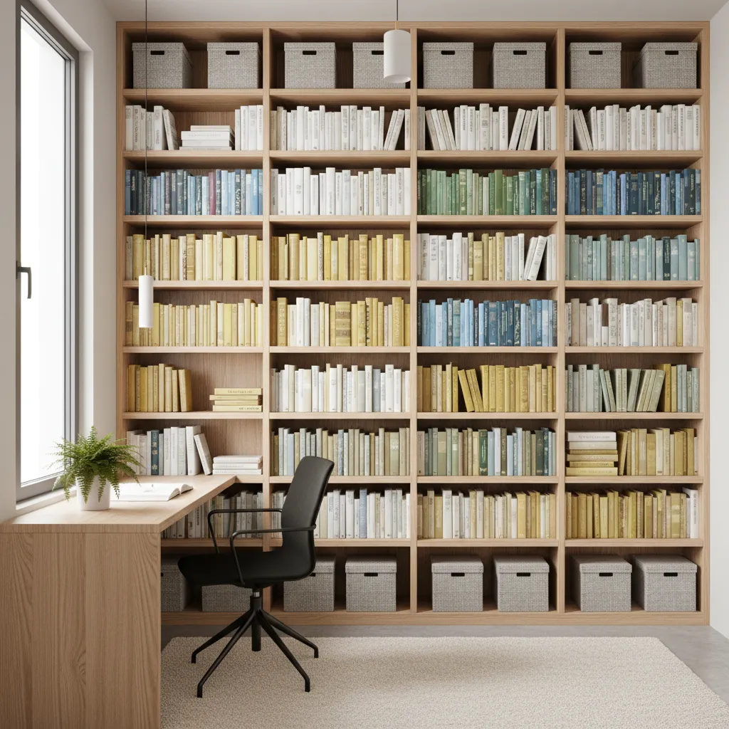Vertical wall shelving system in a small study room