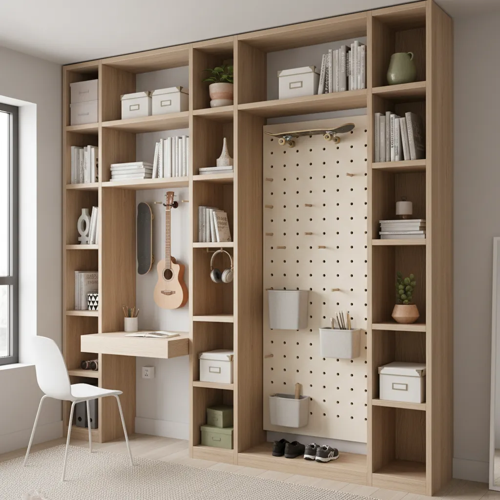 Teen bedroom with vertical shelves and wall storage