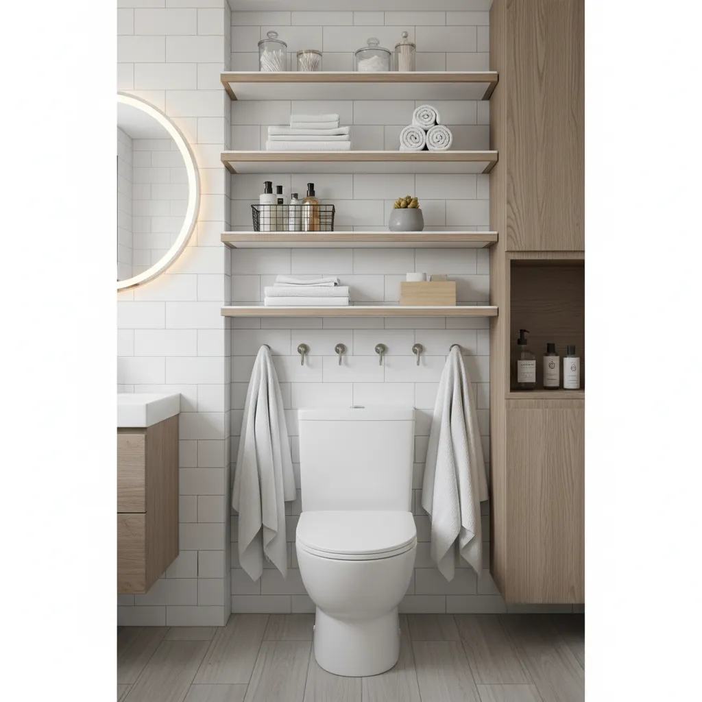 tiny bathroom vertical storage shelves above toilet and wall hooks
