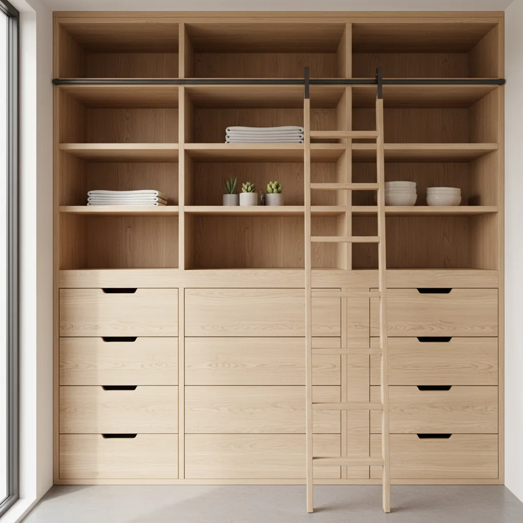 vertical wall storage solution in tiny house interior