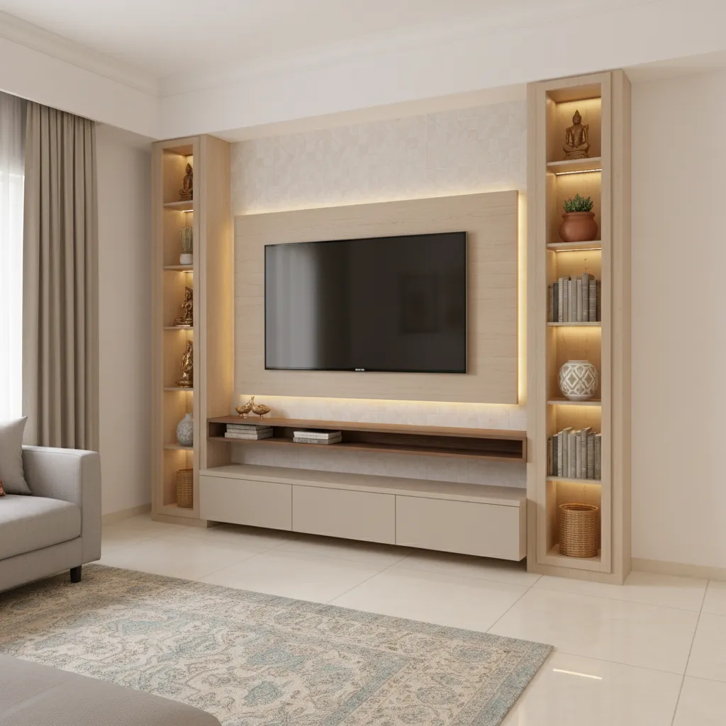 TV wall design with vertical storage shelves for compact living room