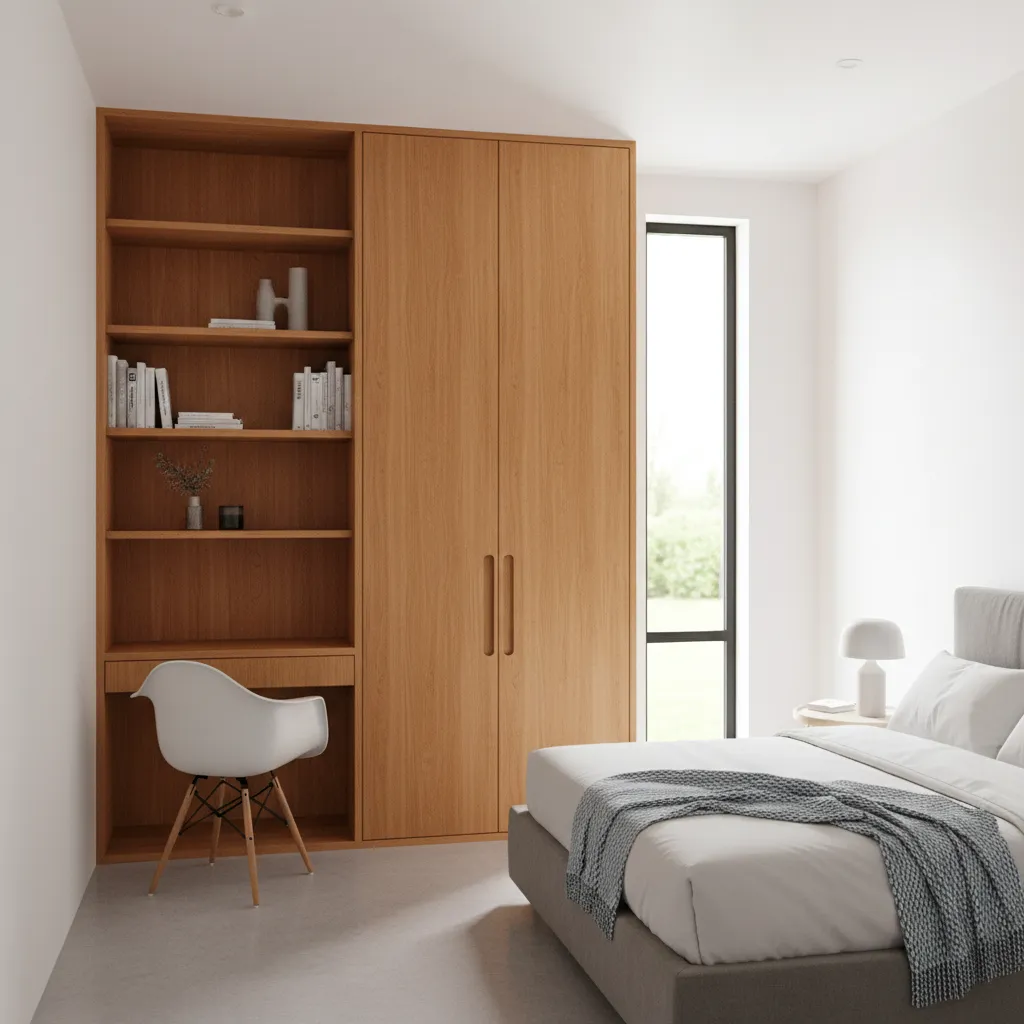 vertical storage wall with shelves wardrobe and desk in a tiny bedroom