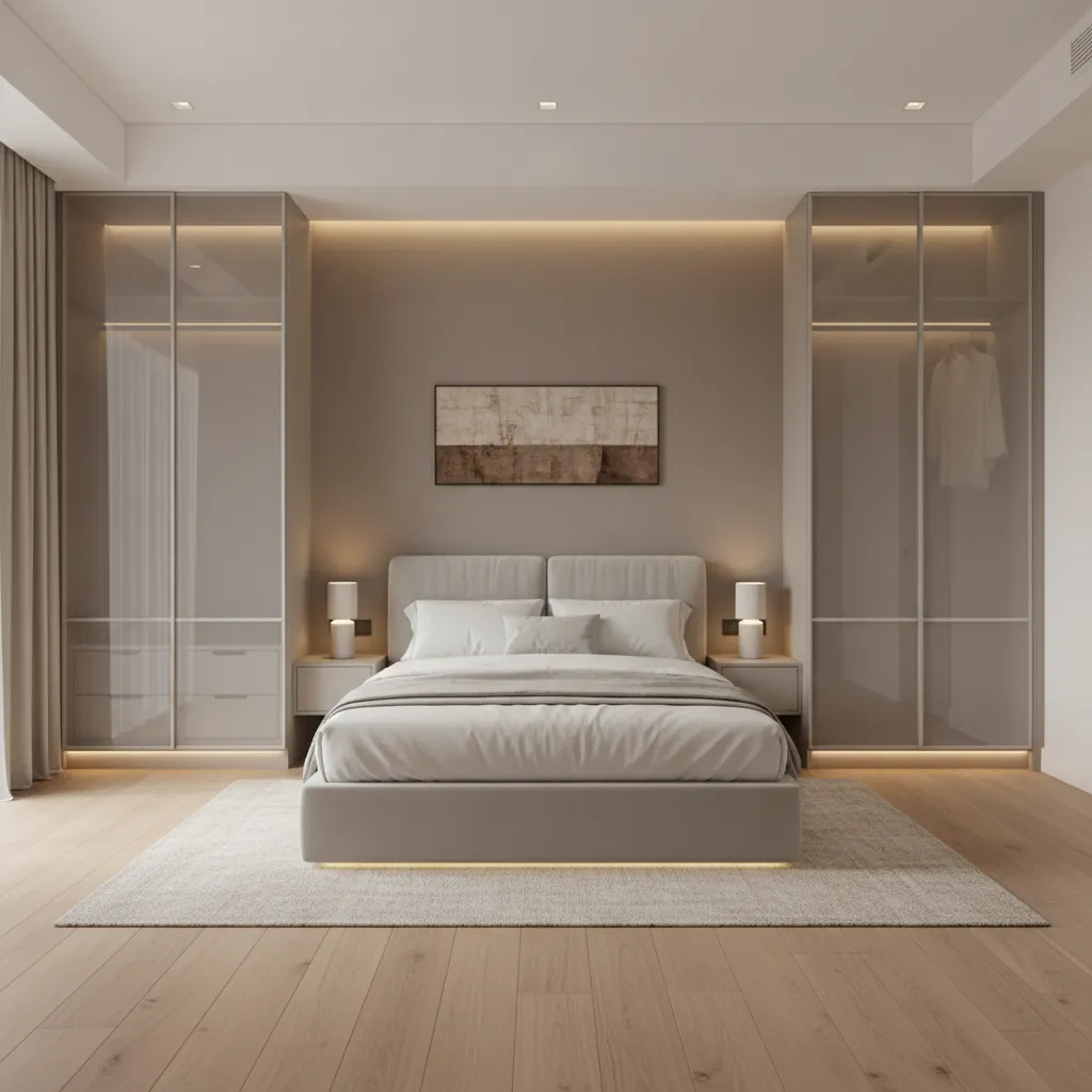 floor to ceiling wardrobe storage solution in a small bedroom