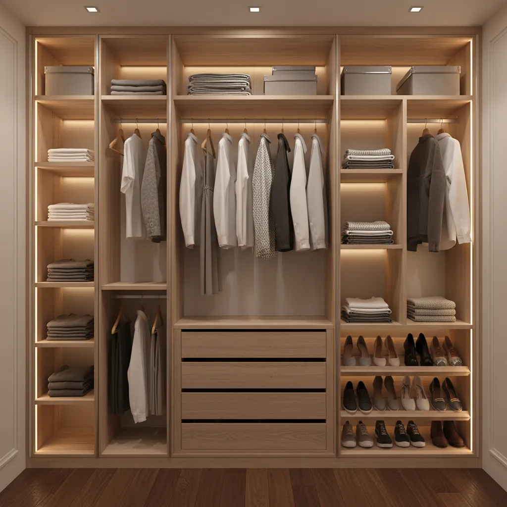 Full-height wardrobe interior with vertical storage sections