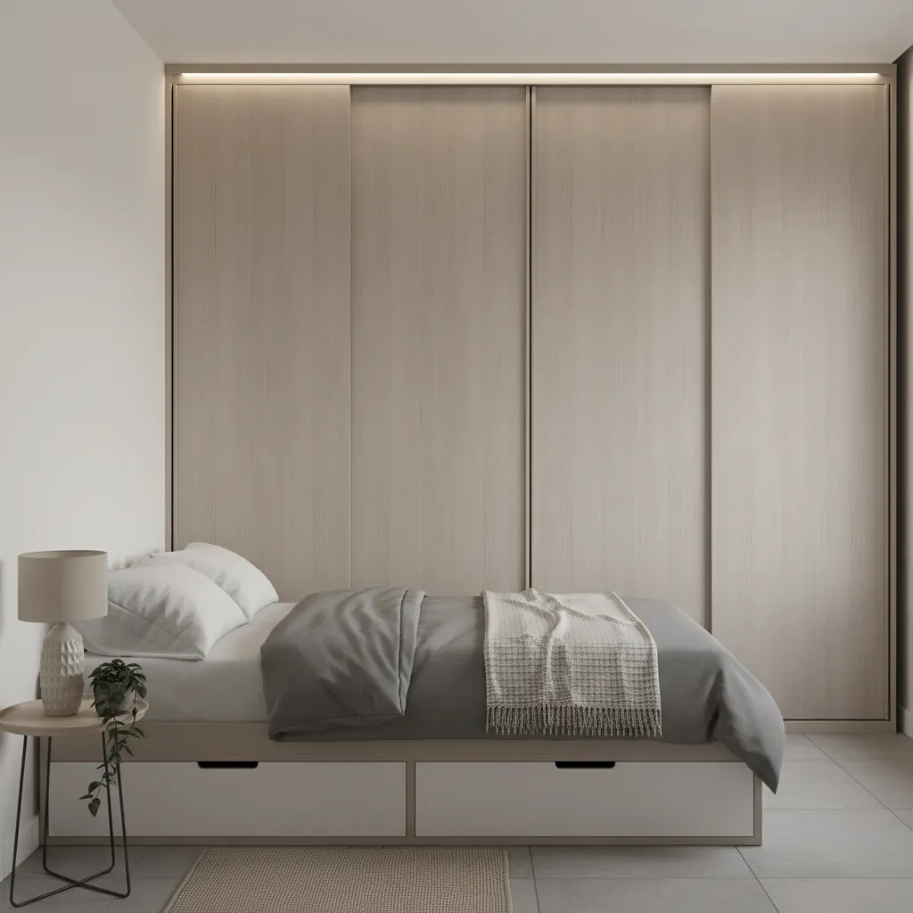 Ceiling height wardrobe storage design inside a compact apartment bedroom