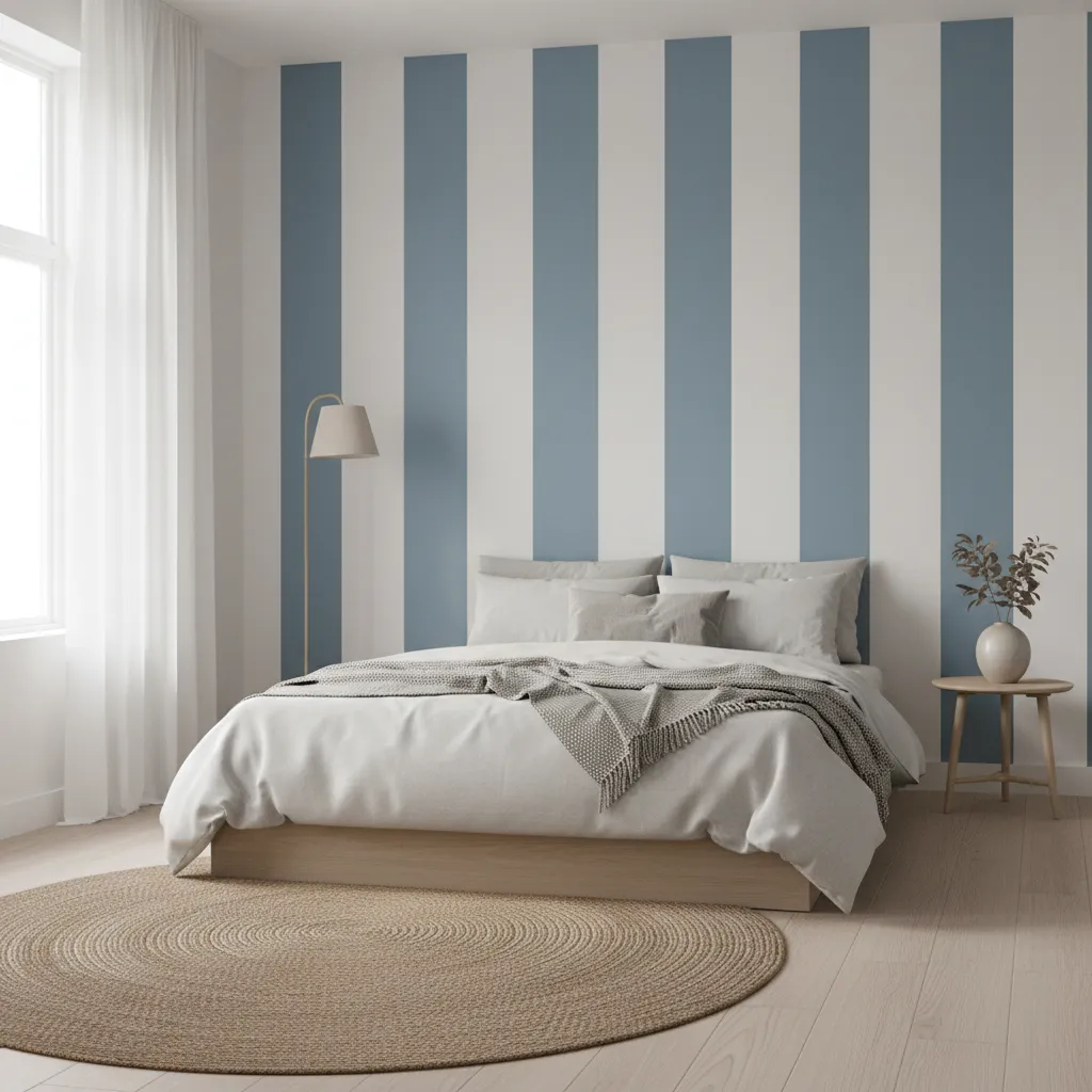 Vertical striped frog tape wall making ceiling look taller