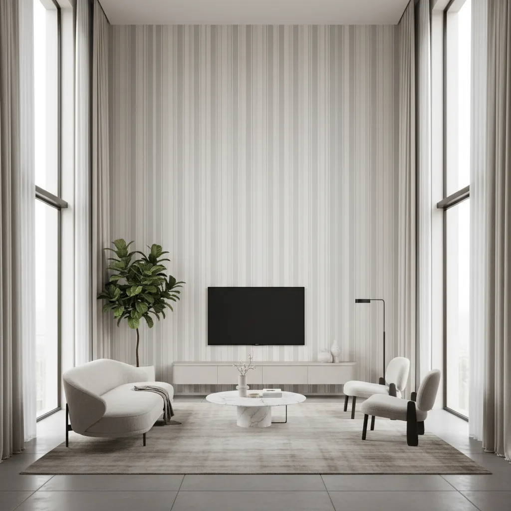 Living room with elegant vertical stripe wallpaper making ceiling appear taller