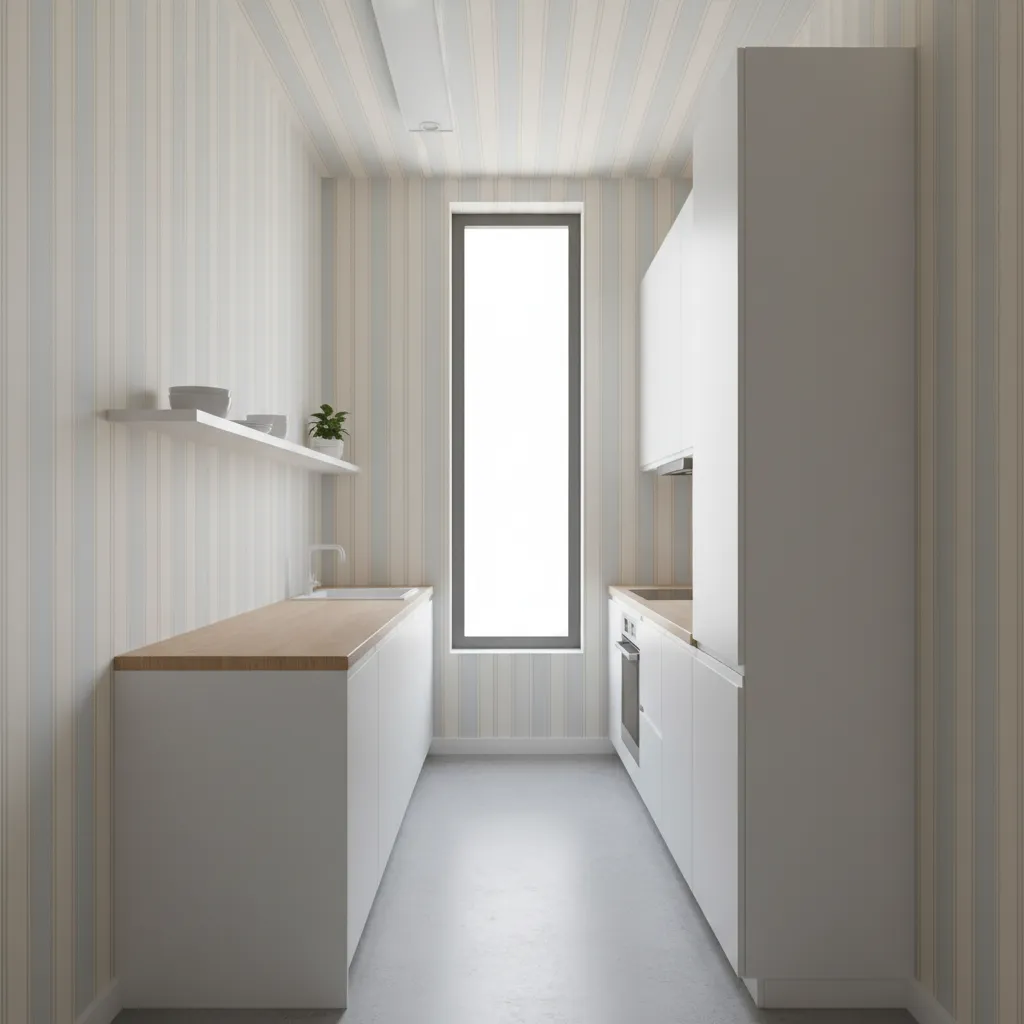 Vertical stripe wallpaper making a small kitchen appear taller