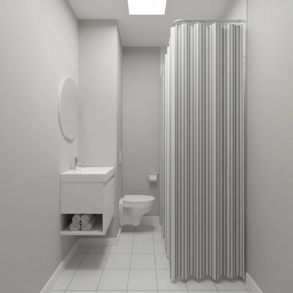vertical striped shower curtain making narrow bathroom appear taller