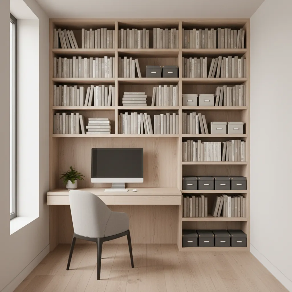 vertical wall storage shelves above desk in small study room