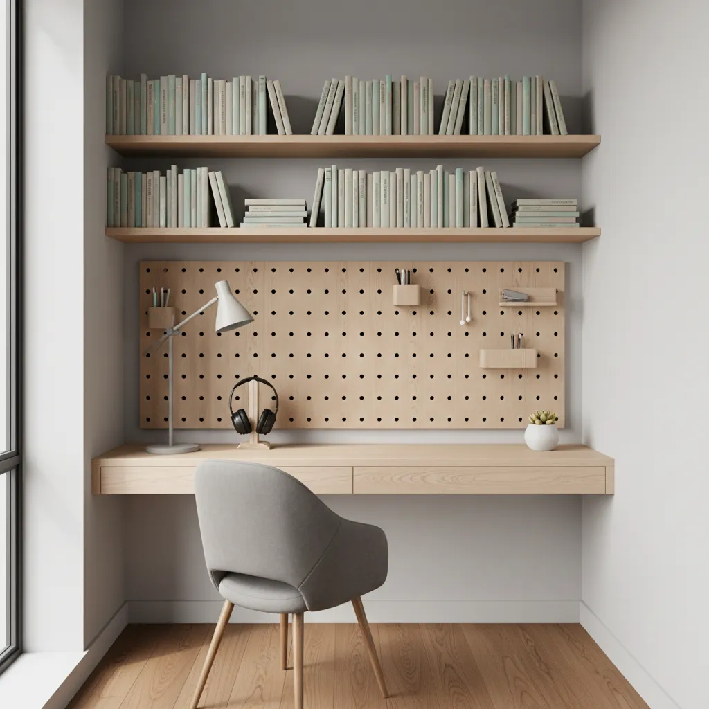 vertical shelving and pegboard organization system above study desk