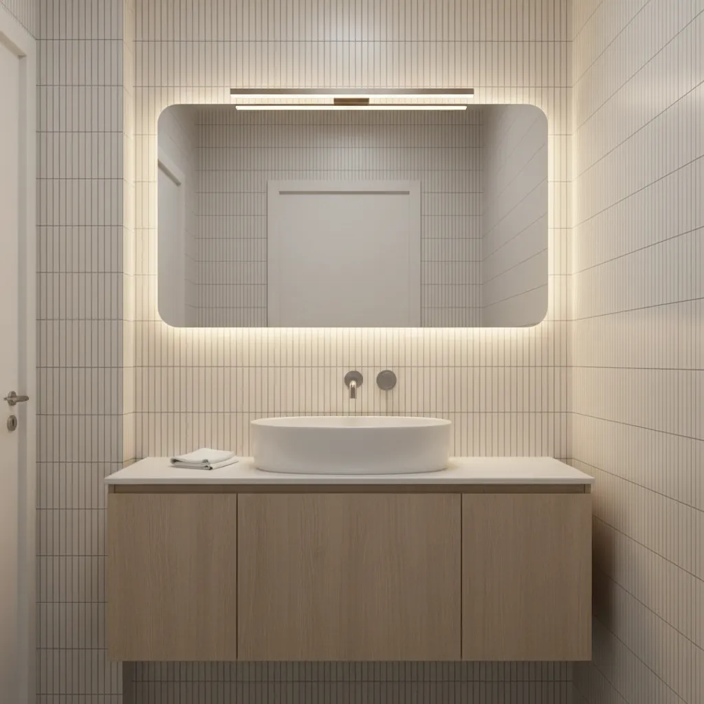 Bathroom wall with vertical subway tiles behind vanity