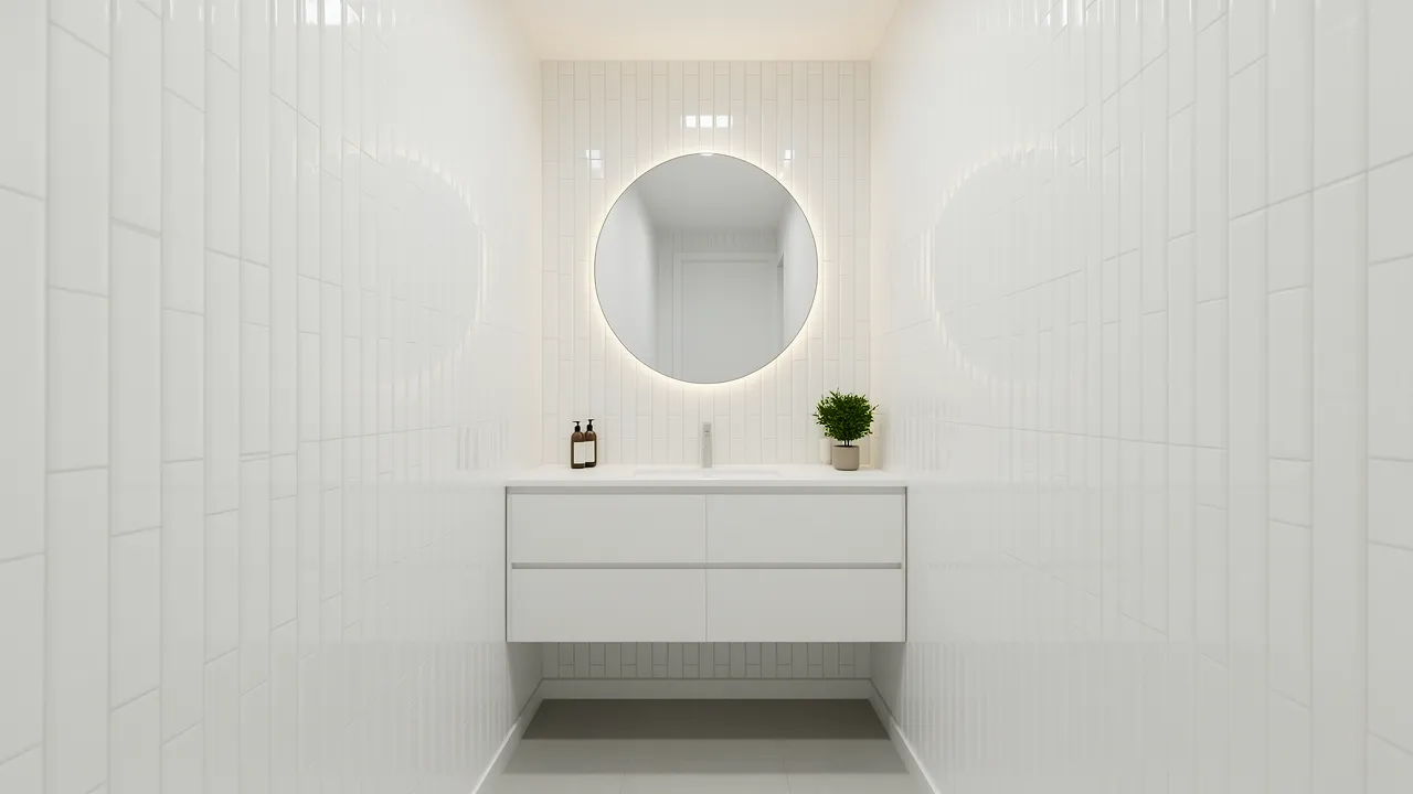 bathroom with vertical subway wall tiles making ceiling appear taller