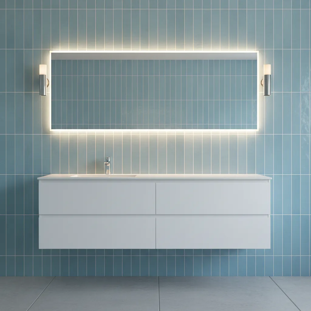 Bathroom wall with vertical stacked light blue subway tiles
