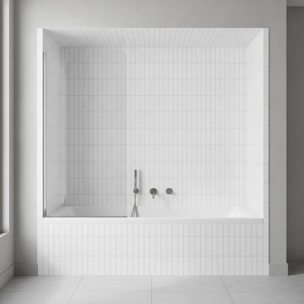 Vertical subway tile layout on bathtub wall making bathroom feel taller