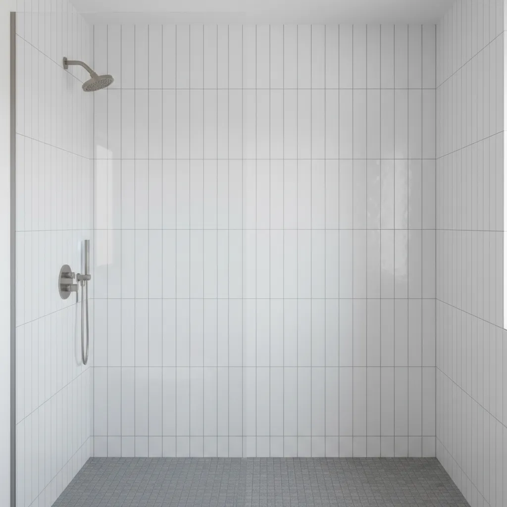Small bathroom shower with vertical subway tile layout increasing visual height