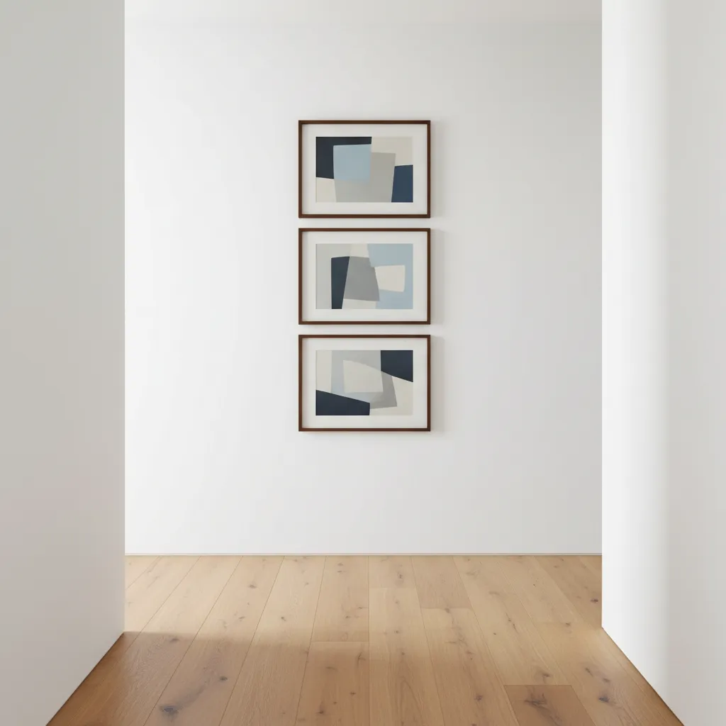 Vertical stack of three frames on a narrow hallway wall