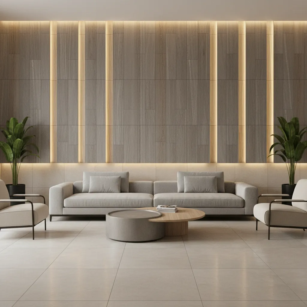 Vertical tile panel elevation design used on a modern living room wall