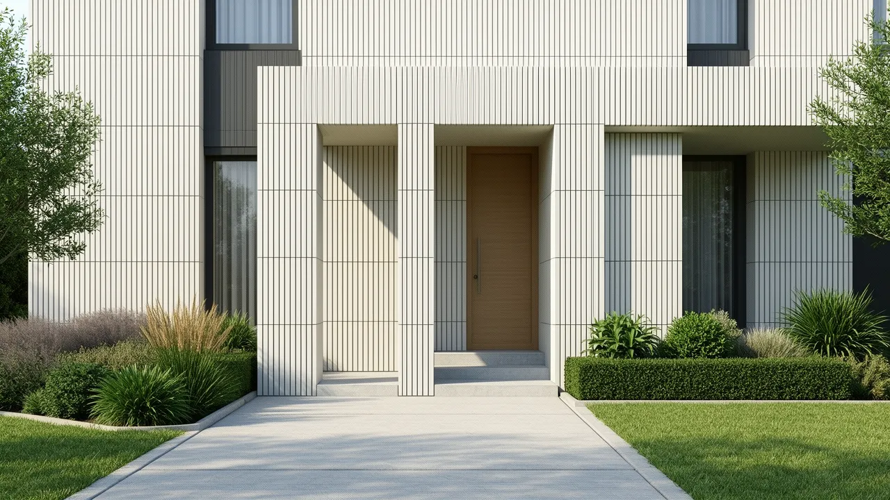 Modern house facade using vertical tile layout for entrance wall