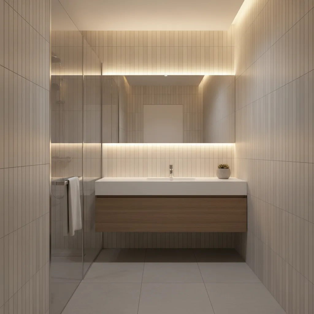 Small bathroom with vertical stacked wall tiles emphasizing ceiling height