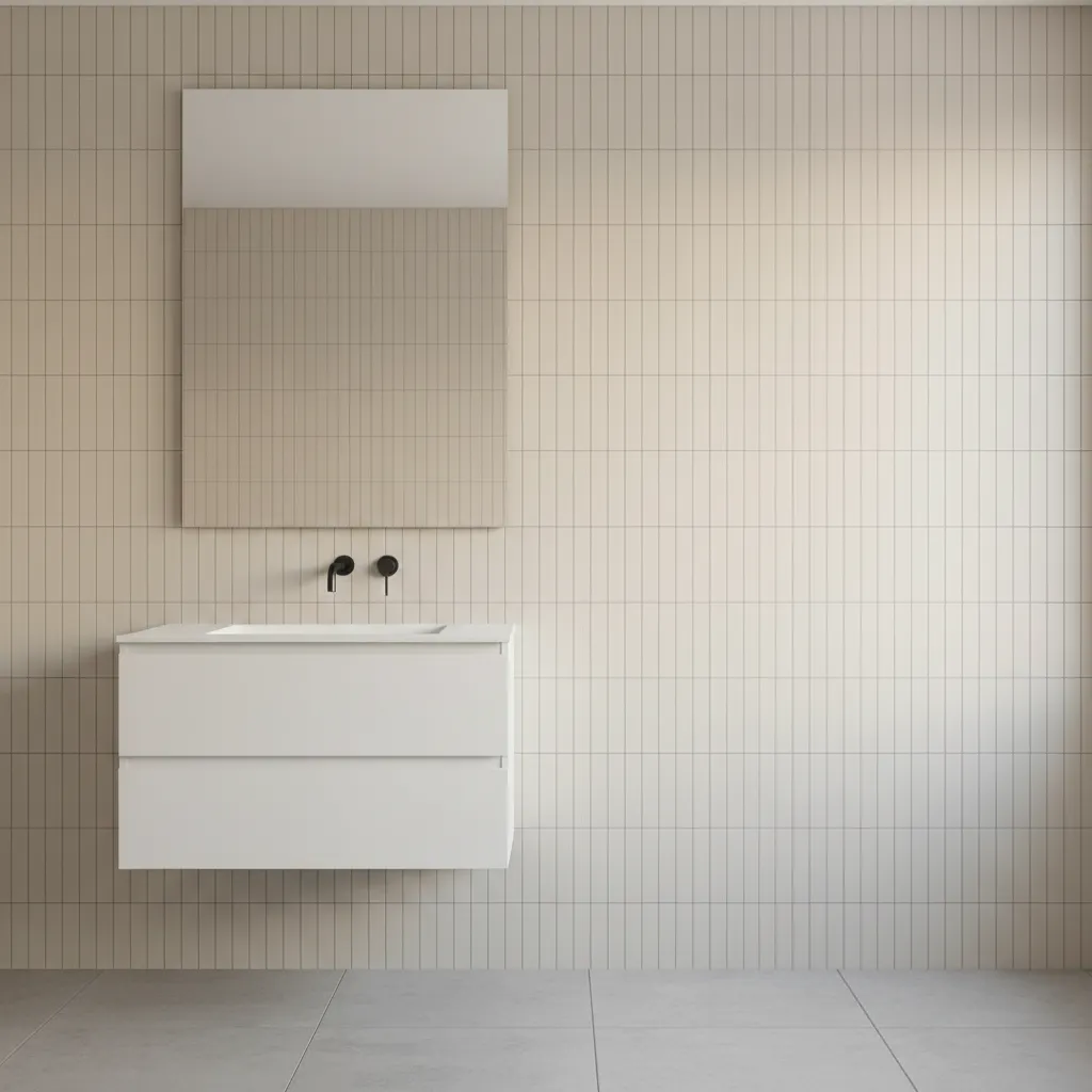 Bathroom wall with vertically stacked subway tiles creating a taller visual effect