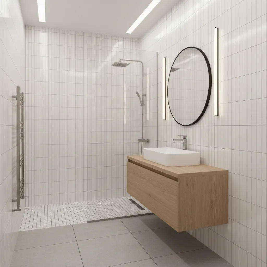 Vertical stacked tiles making a small bathroom appear taller