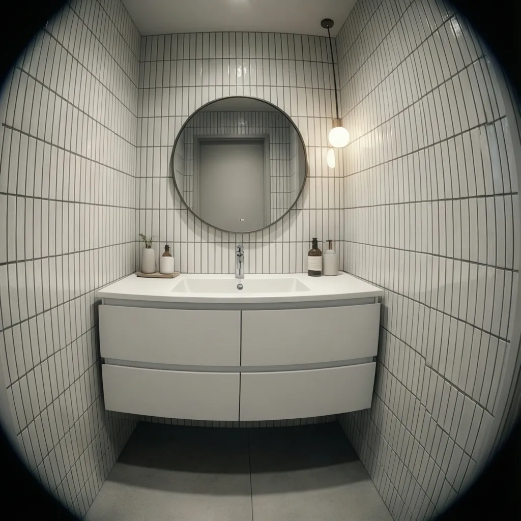 Vertical tile pattern behind a white bathroom vanity