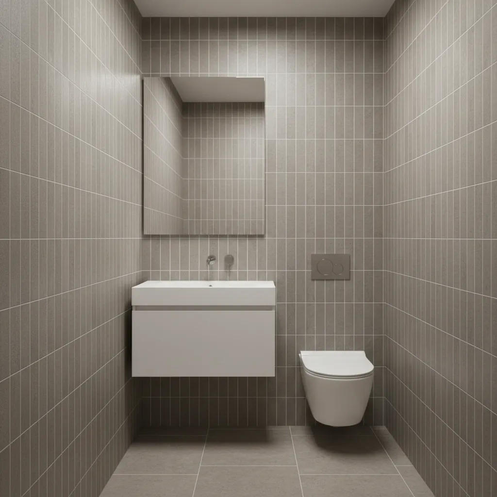 Small bathroom with vertical wall tile layout making ceiling appear taller