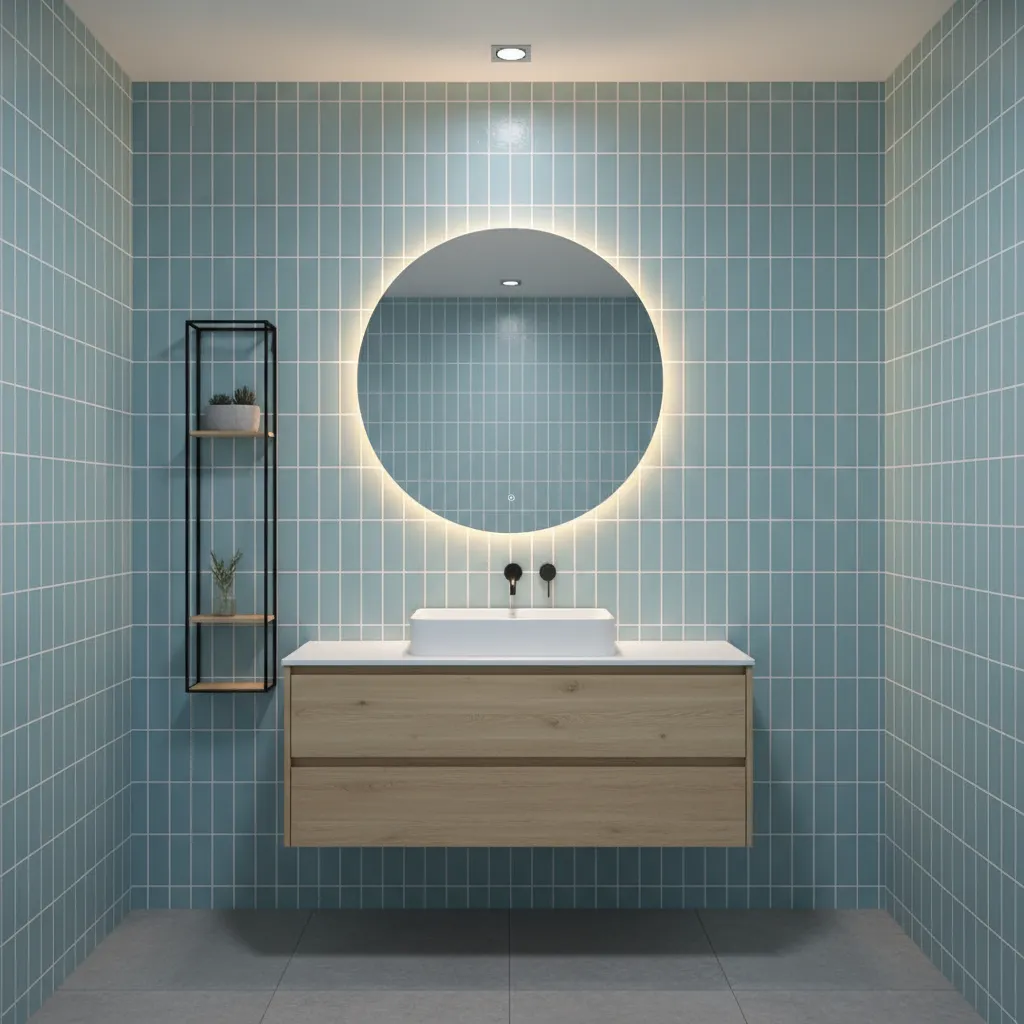 Vertical stacked light blue tiles making a small bathroom appear taller