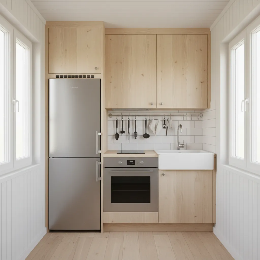 tiny house kitchen with ceiling height cabinets and vertical pantry