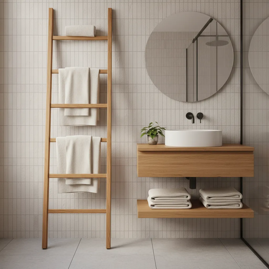Vertical towel ladder storage in small bathroom
