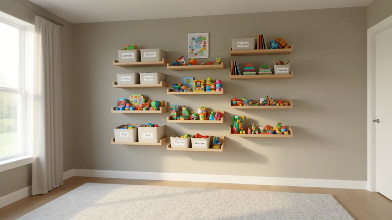 Vertical wall toy storage shelves in small kids playroom