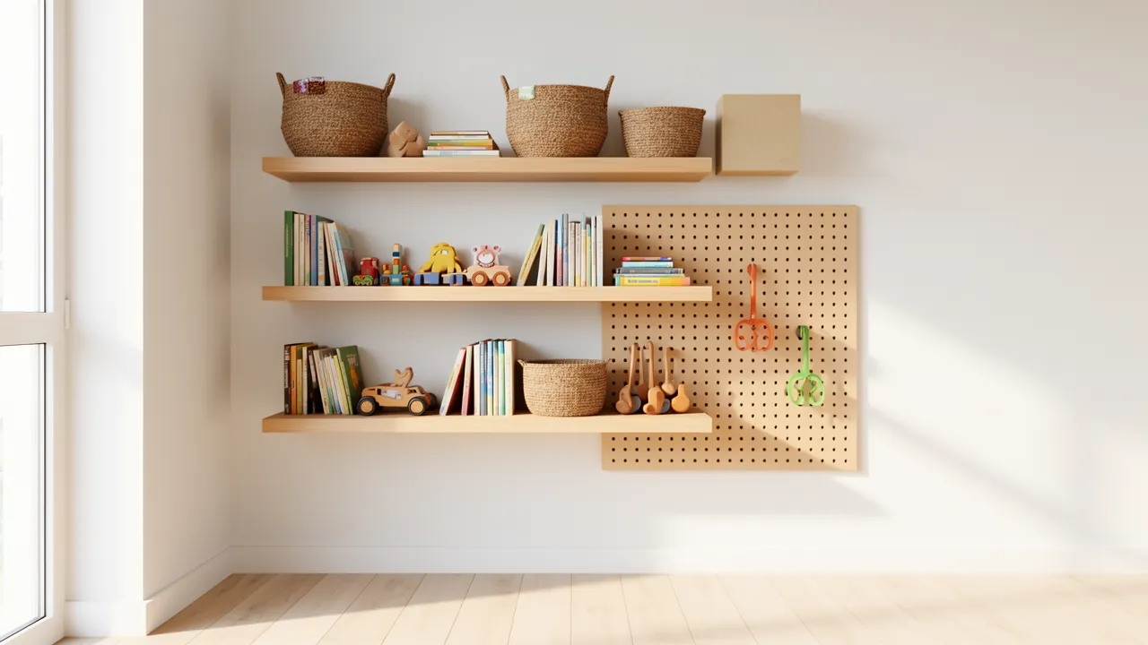 vertical wall storage shelves for toys in a small kids corner