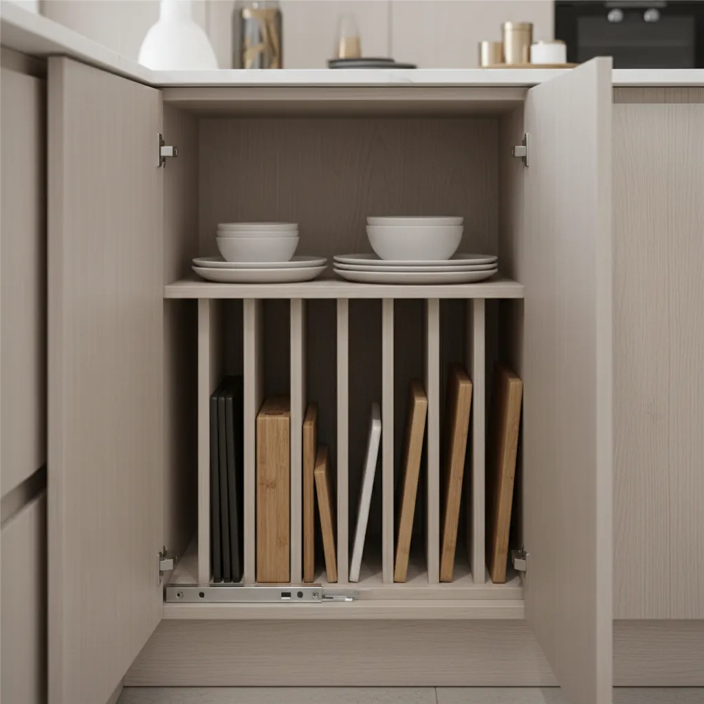 vertical kitchen island cabinet storing baking sheets and cutting boards