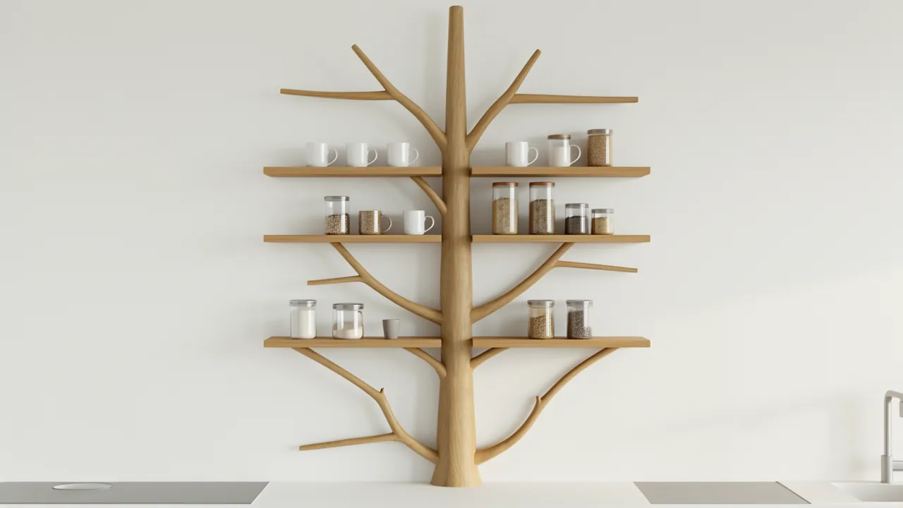Vertical tree shelf layout diagram style kitchen wall organization