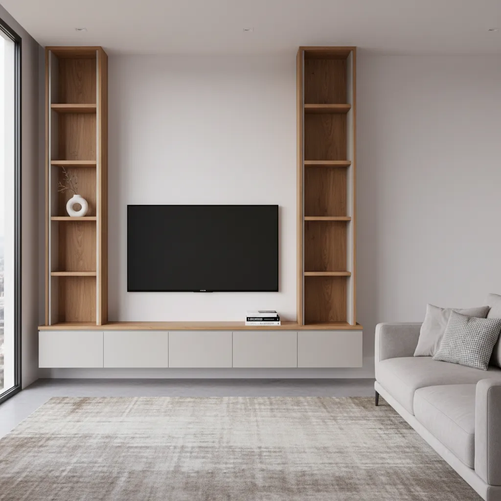 living room TV unit with vertical shelving and cabinets