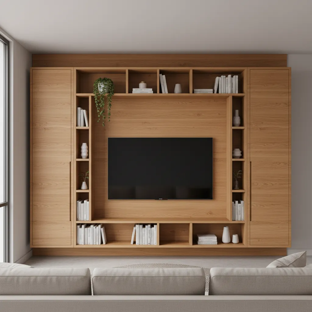 Vertical TV wall with side cabinets and shelves
