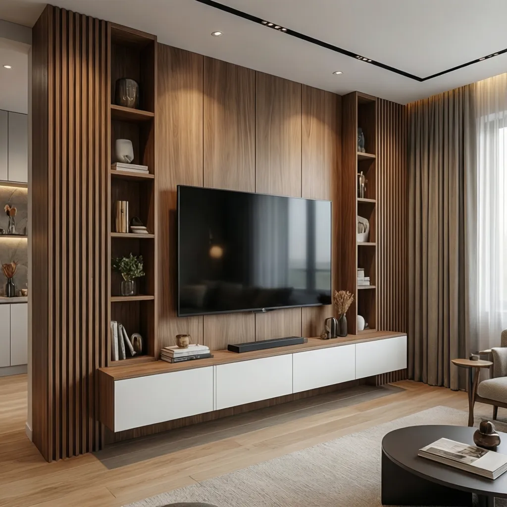 TV wall with vertical shelving storage in a small apartment living room