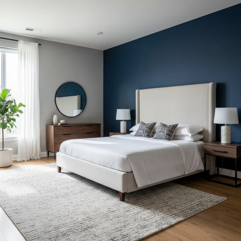 bedroom with vertical two tone wall paint design increasing perceived ceiling height