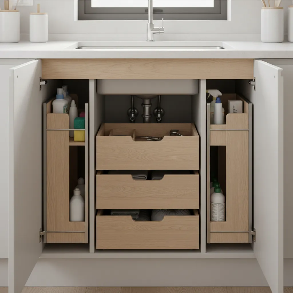 Vertical tiered organizers under kitchen sink maximizing storage space
