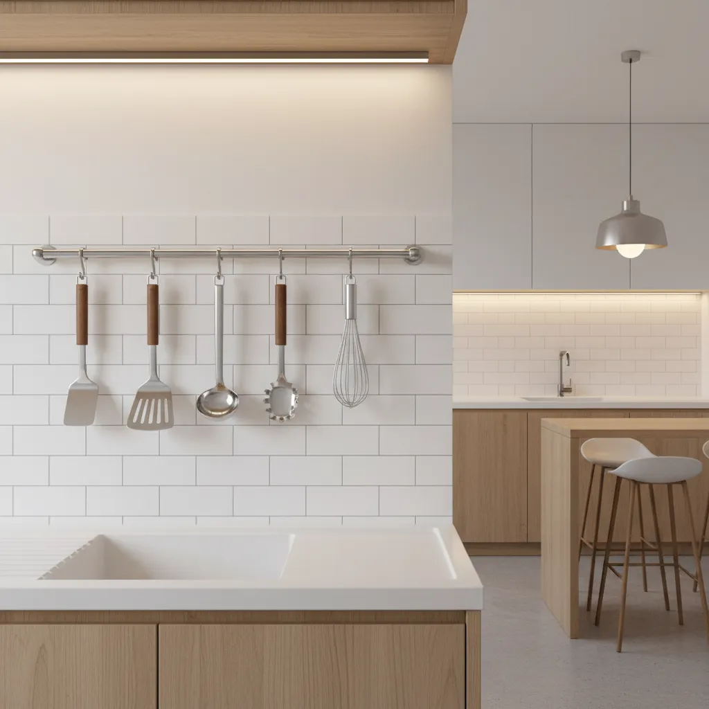 kitchen wall rail with hanging utensils in small kitchen
