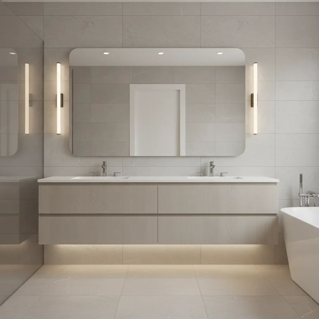 Bathroom mirror with vertical wall sconces providing balanced vanity lighting