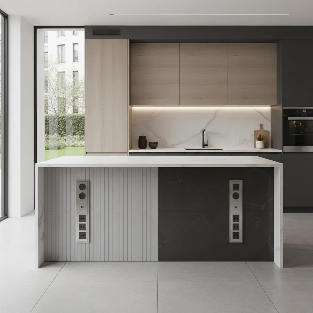 Comparison of vertical and horizontal outlet strip installations on kitchen island