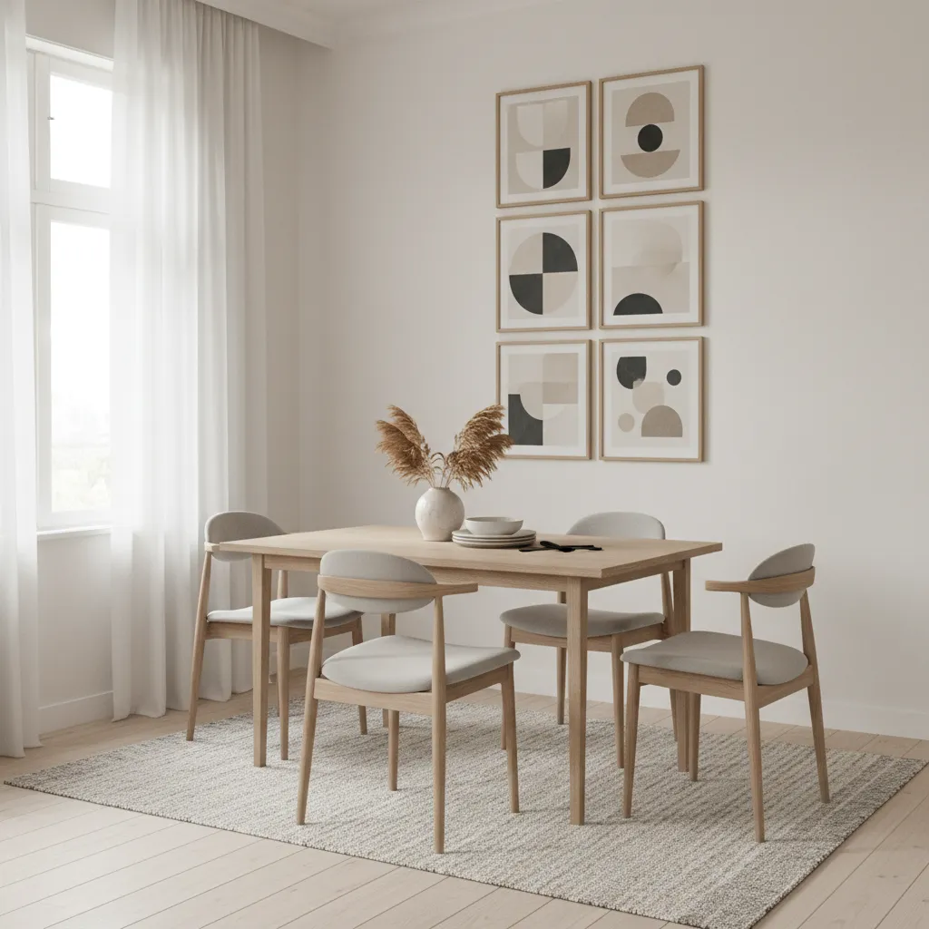 Vertical stacked wall art above a small dining table creating height