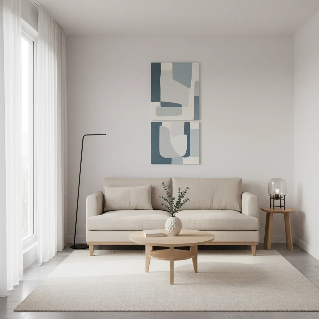 Small living room with vertical stacked wall art arrangement